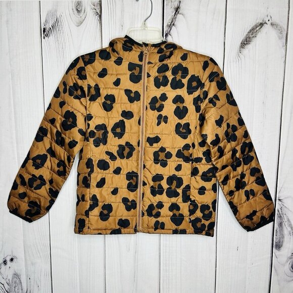 GAP Kids Girls Sz L Puffer Jacket Brown Black Animal Print Hooded Full Zip - Picture 1 of 8